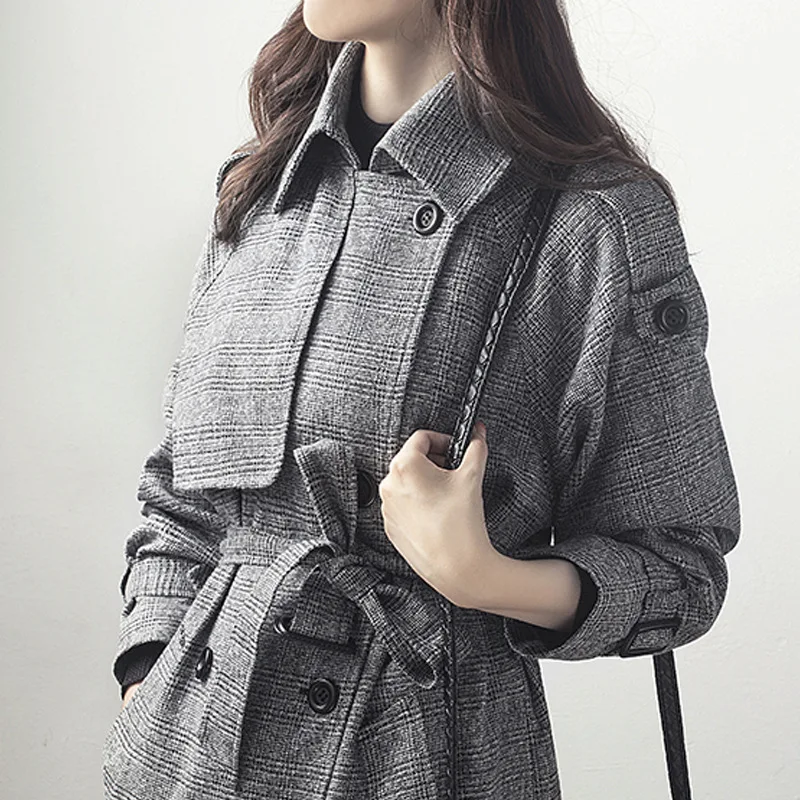 Checkered Trench Coat for Women Autumn New Double Breasted Slim Fitting Suit Medium Length Woolen Coat