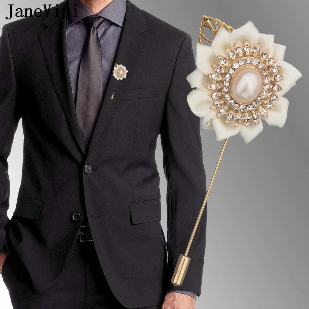 JaneVini Men Wedding Suits Groom Flower Boutonnieres Lapel Pins Crystal Wedding Corsage Suit Buttonhole Roses Gold Leaves Brooch