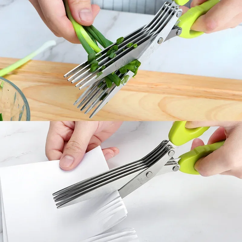 Household Stainless Steel Salad Shears 5-layer Scallion Scissors Green Comfort Handle Kitchen Tool Cooking Accessories for Home