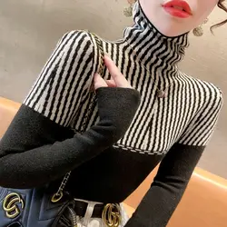 Women's Autumn Winter Korean Commute High Collar Spliced Striped Contrast Color Loose All-match Long Sleeve Sweater Knitted Tops