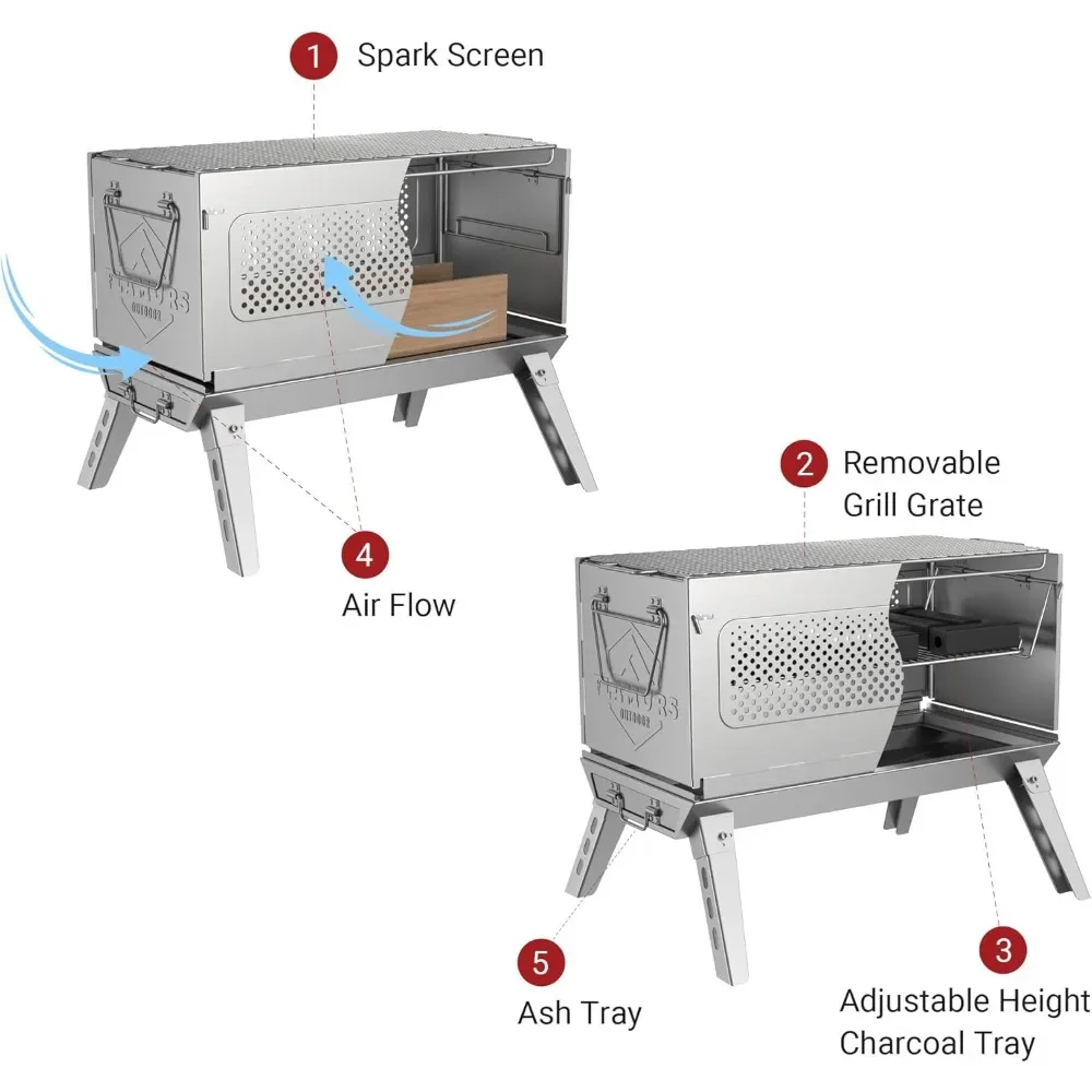 Portable 20-Inch Stainless Steel Outdoor Fire Pit with Grill and Removable Ash Pan
