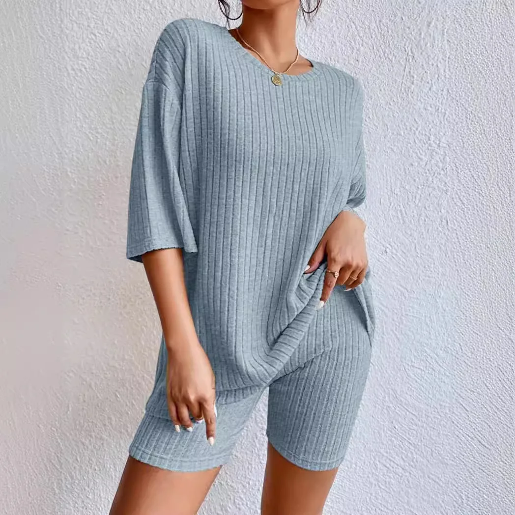 Summer New Women\'s Vacation Fashion Casual Suit Solid Color Spring Round Neck Loose Shorts Suit