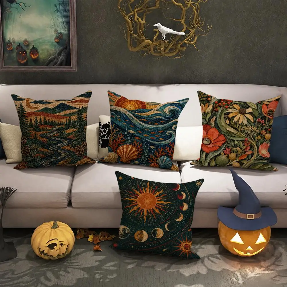 Vintage Nature Cushion Decor Cushion Cover Halloween Rustic Throw Pillow Covers, Cute Ghost Pumpkin Maple Leaf Cushion Covers