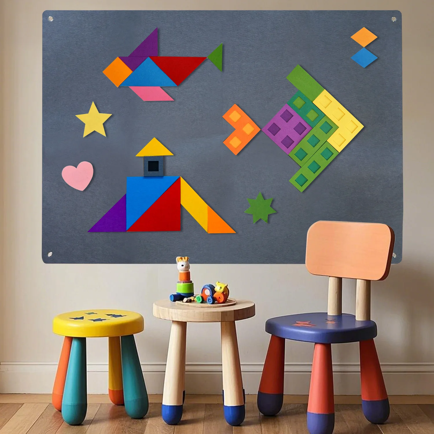 57 children's geometric figure felt puzzle toy set, classroom interactive learning sensory activity teaching tangram game