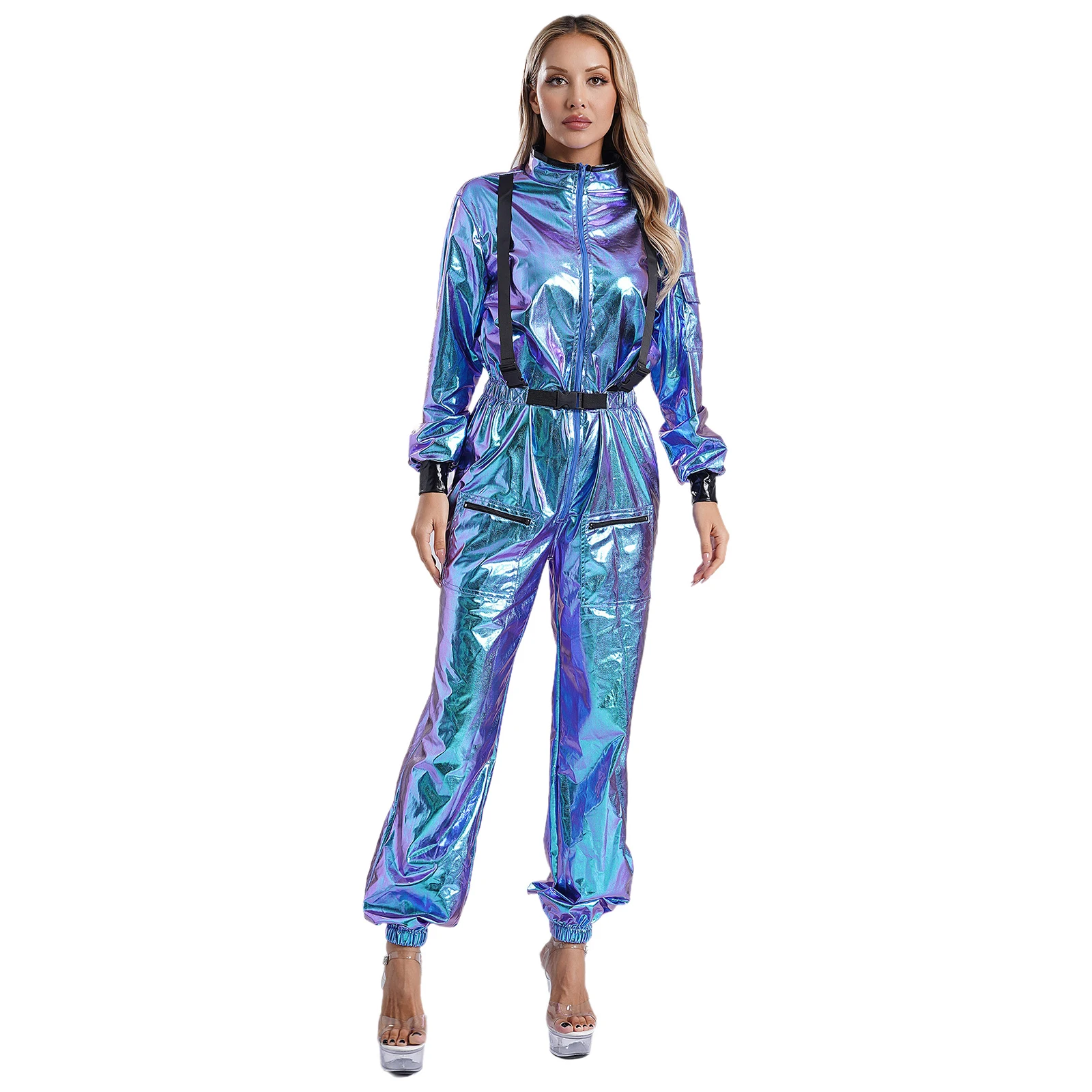 Mono Alien Space Unitards para mujer, disfraz de astronauta para carnaval y Halloween, mono de manga larga con cuello simulado brillante metálico y cremallera