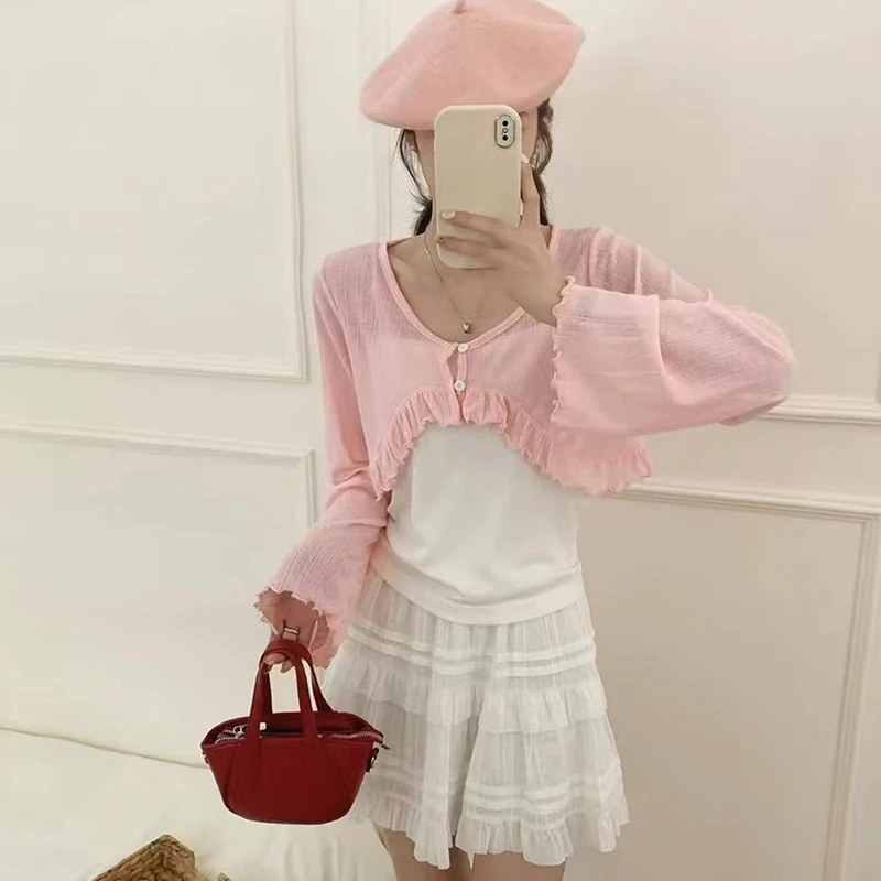 

Autumn Fashion Sweet Thin Long Sleeve Irregular Ruffled Cropped Cardigan For Women