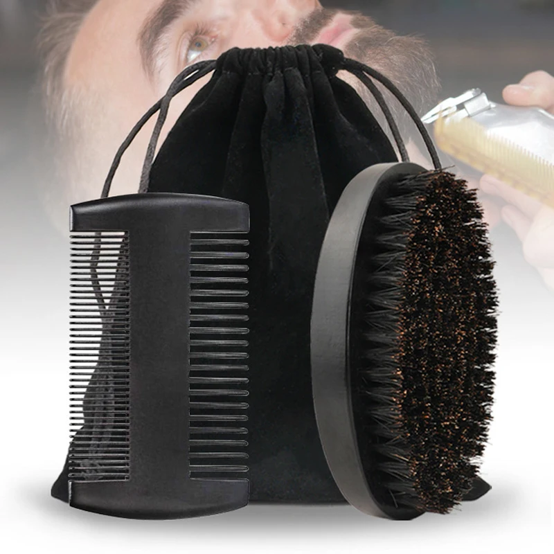 Brosse à Barbe Professionnelle en Bois, Poils de Sanglier Doux, pour Coiffeur, Kit de Peigne à Moustache pour Hommes avec Sac Cadeau, Ensemble de Peignes à Cheveux