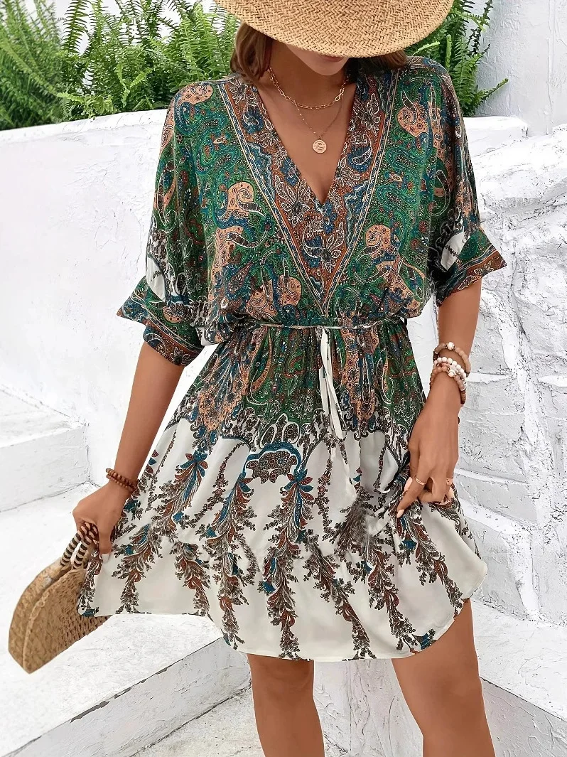 

Women V Neck Boho Off Shoulder Maxi Dress 2025 Women's Batwing Sleeve Vacation Dress with Back Cutout Casual Beach Sundress Ropa