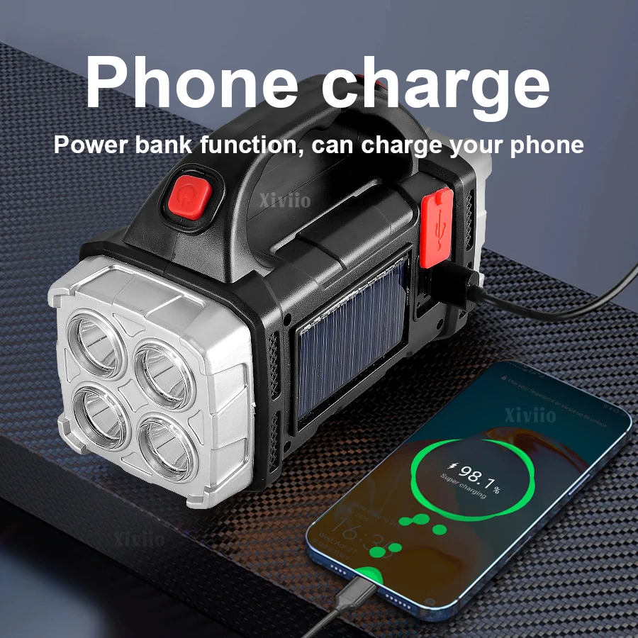 Solar wiederaufladbarer Spotlight leistungsstarke USB -wiederaufladbare Taschenlampen mit 6 COB -Arbeitslicht -Power Bank Camping -Lampen Suchlicht
