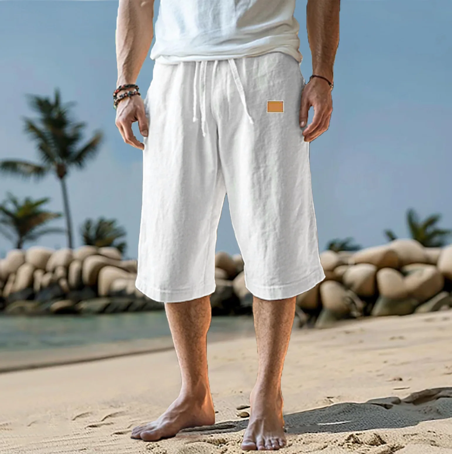 Leather Men's Cropped Pants Shorts Summer Shorts Beach Pumping Straight Pants Solid Color Comfortable Outdoor