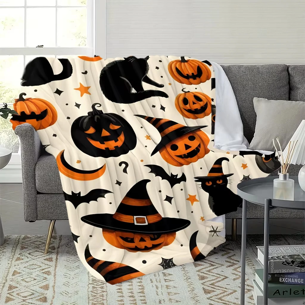 Halloween Pumpkin Black Cat Flannel Blanket Witch Hat Bat Print Blanket Sofa Bedroom Dormitory Holiday Decoration Nap Blanket