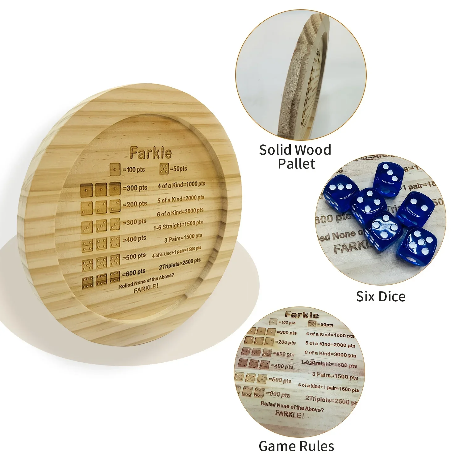 1 piece of wooden dice tray for the classic dice game Farkle for holiday gatherings with friends, with 6 blue dice, dOH00028-LJX