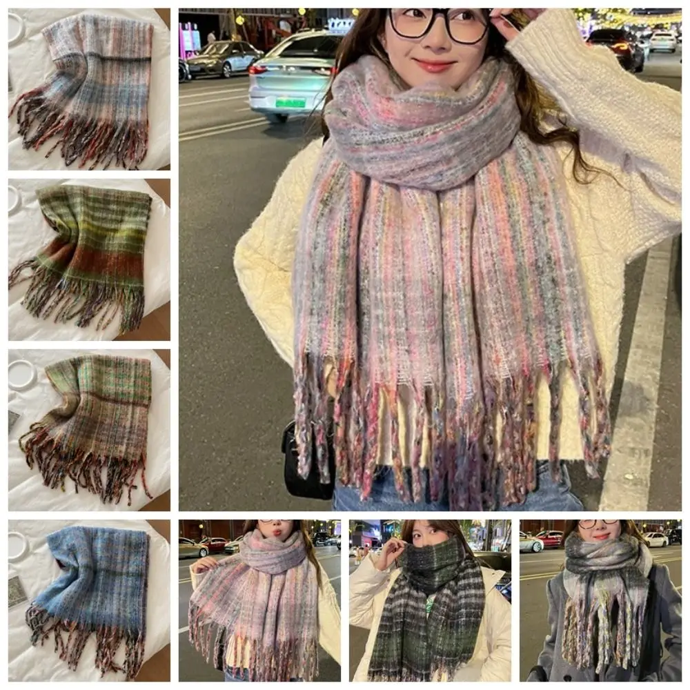 

Korean Style Plaid Mohair Scarf Windproof Thickened Winter Cashmere Shawl Muffler Long Tassels Imitation Cashmere Scarf