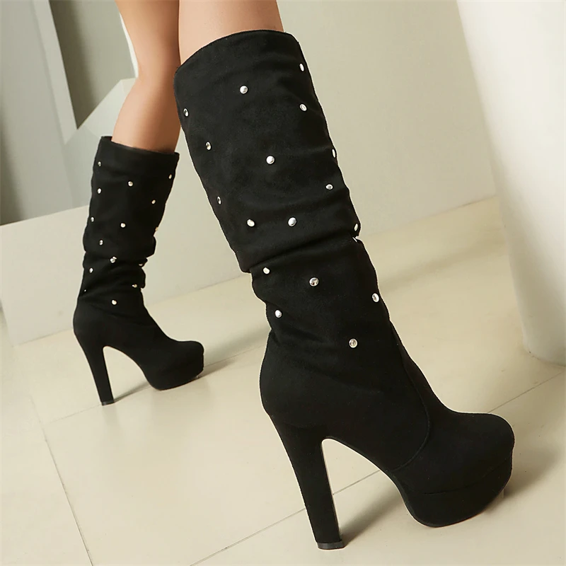 Faxu الجلد المدبوغ المرأة حذاء برقبة للركبة الخريف الشتاء أحذية منصة أسود أحمر الكعوب طويلة التمهيد أحذية السيدات أحذية كبيرة الحجم 45 48 #3