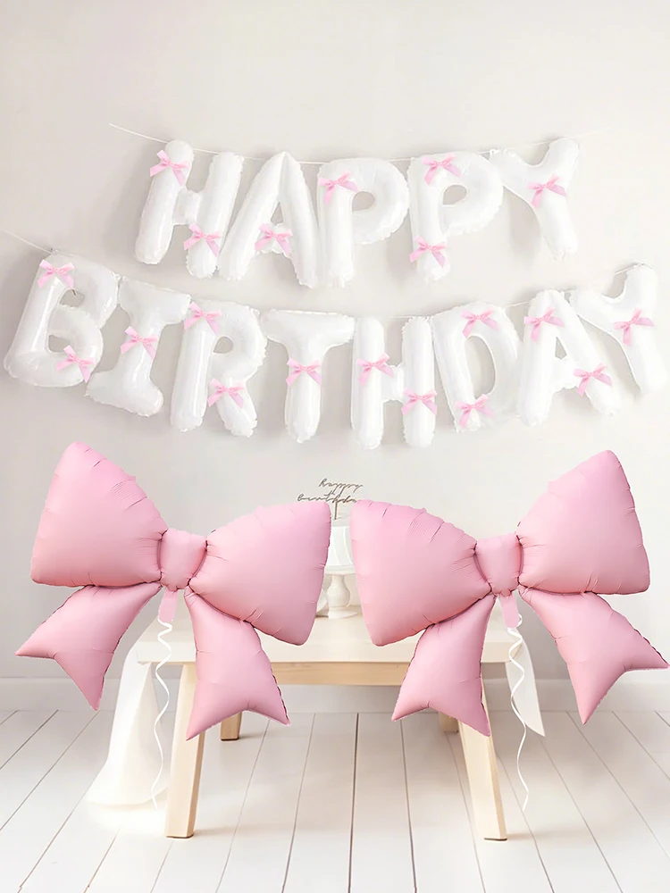 35/37 Stück weiße „Happy Birthday“-Banner-Ballons und hellrosa Schleifenballons, rosa Schleifenband, Prinzessinnen-Geburtstag – Detail 6