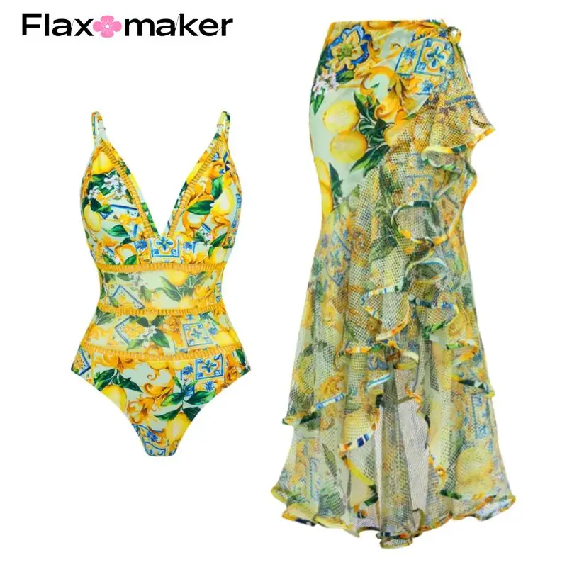 

FLAXMAKER V Neck Blue Mediterranean Print One Piece Swimsuit and Mesh Splicing Skirt Summer Swimwear Women Beachwear