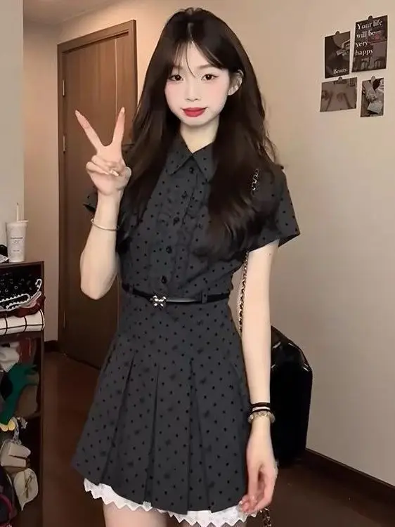 

Retro Korean Polka Dot ort Sve Dr Women's Spring College Sle Waist Cinching Slim A-Line Skirt Faion Set