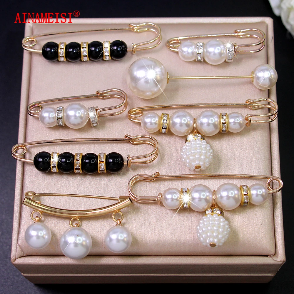 AINAMEISI Fashion Pearl 8 Pieces Light Resistant Brooch Women's Metal Lapel Tie tight Clothing Corset Brooch DIY Accessories