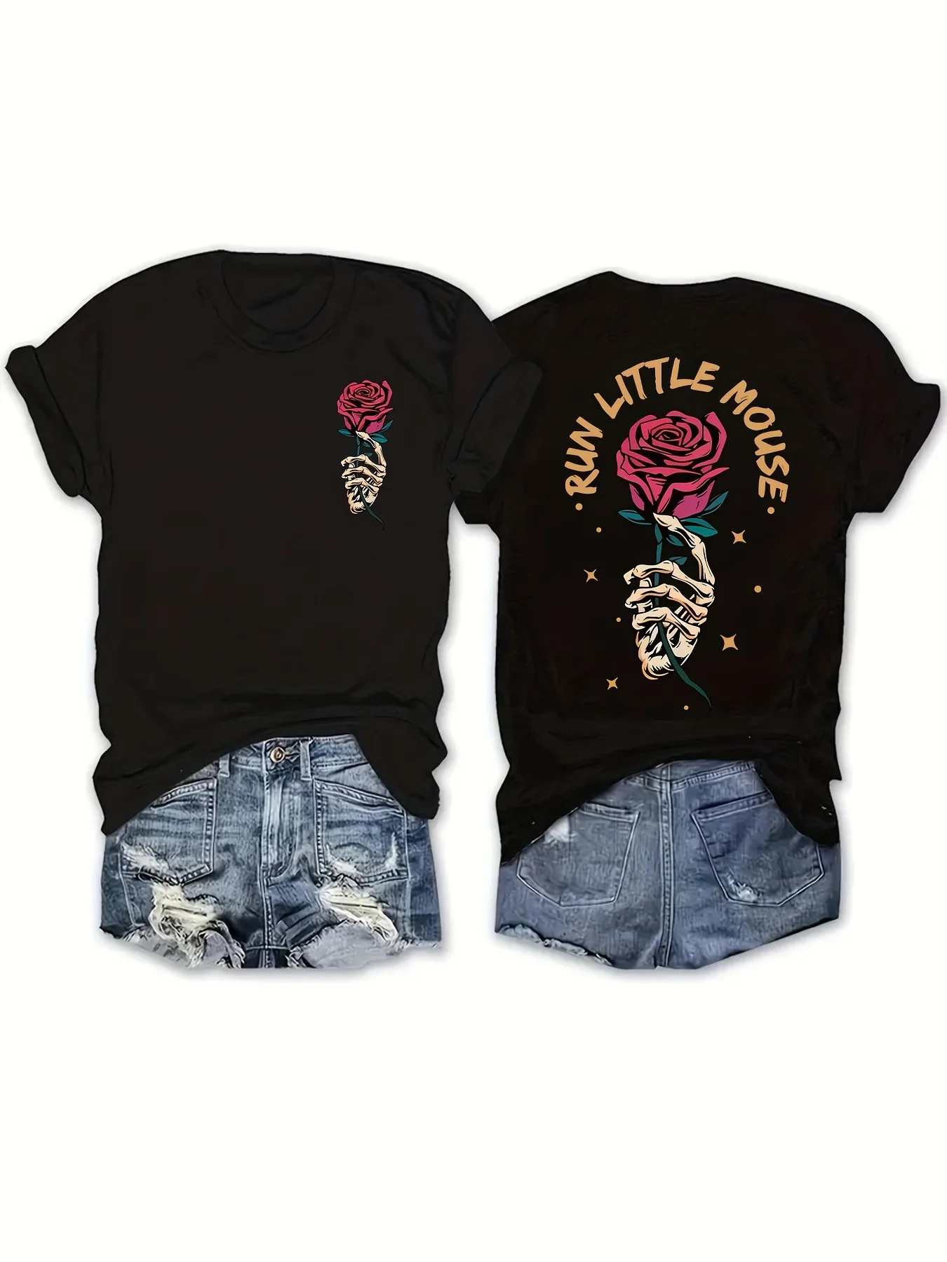 Skull Hand and Rose Print T-shirt Women's Casual Short Sleeve Crew Neck Tops Gothic Halloween T Shirt Cheap Outfit Clothes Femme