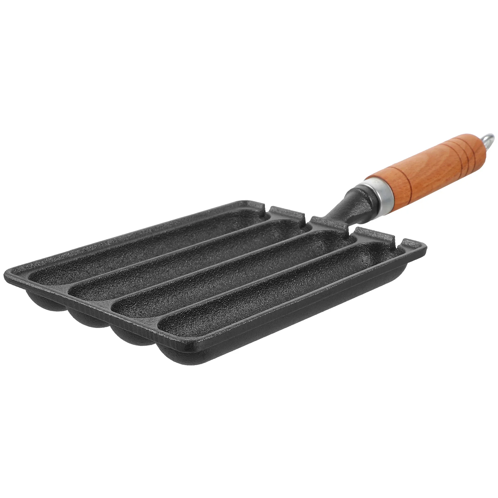 

Cast Iron Sausage Fry Pan Hot Dog Baking Steaming Tool Non Stick Baking Tray With Anti Scald Wooden Handle Grill Pan