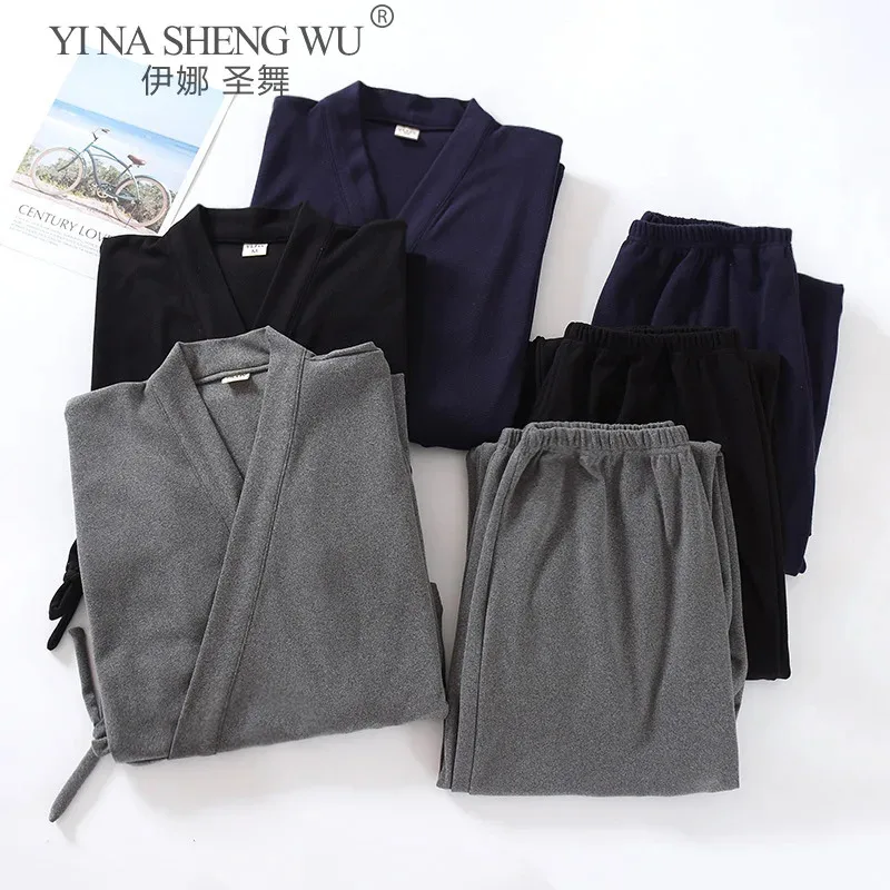 aa26 بيجامات مريحة ملابس منزلية للخريف والشتاء يوكاتاس جديد 2 قطعة بدلة بيجامات على الطراز الياباني كيمونو رداء موضة ملابس نوم للرجال ليلاً