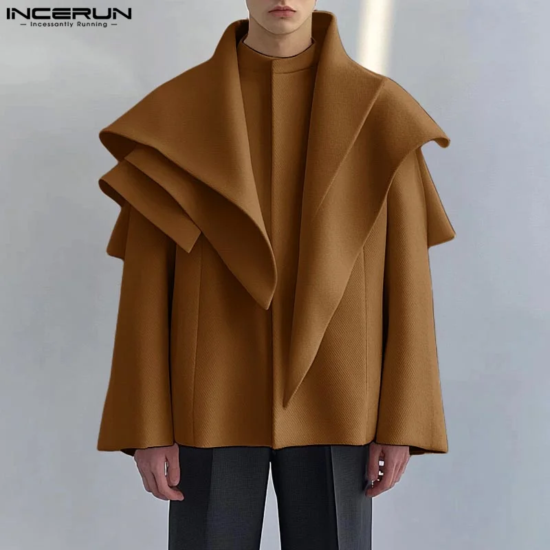 INCERUN 2025 Stylish Men's Tops Funny Multi-layer Design Trench Handsome Male Solid Loose Simple Long Sleeved Cape Cloaks S-5XL