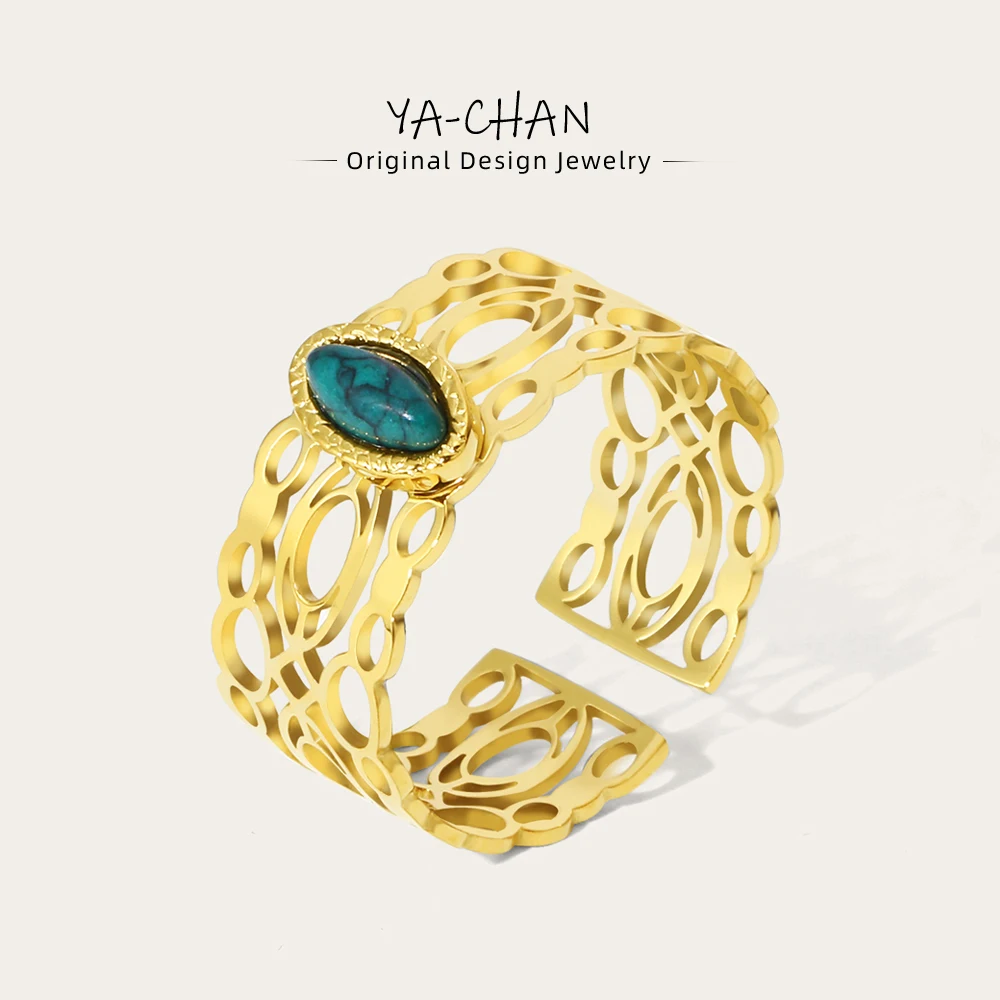 

YACHAN Stainless Steel Gold Plated Wide Ring for Women Turquoise Natural Stone Adjustable Opening Hollow Out Trendy Jewelry