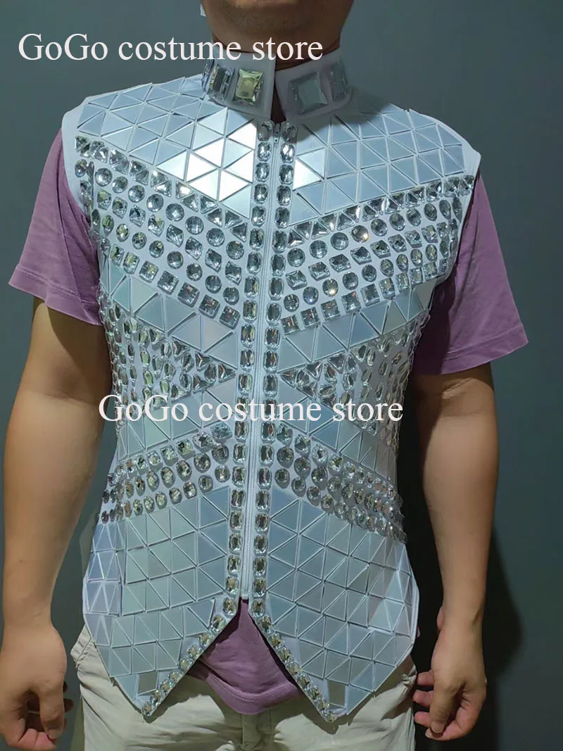 Male Singer Bar Nightclub Stage Crystal Sequins Vest Performance Clothes Drum Dance Coat Sparkly Rhinestones Mirror Waistcoat