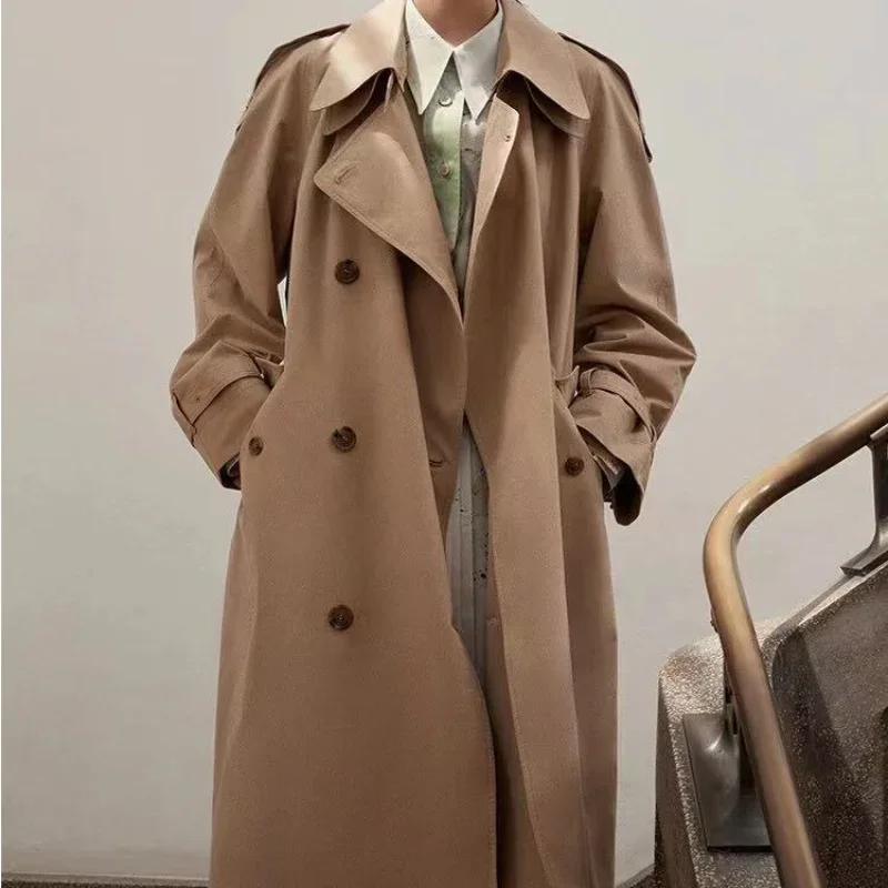 Fall New Classic Double Breasted Stone Grey Khaki Trench Coat