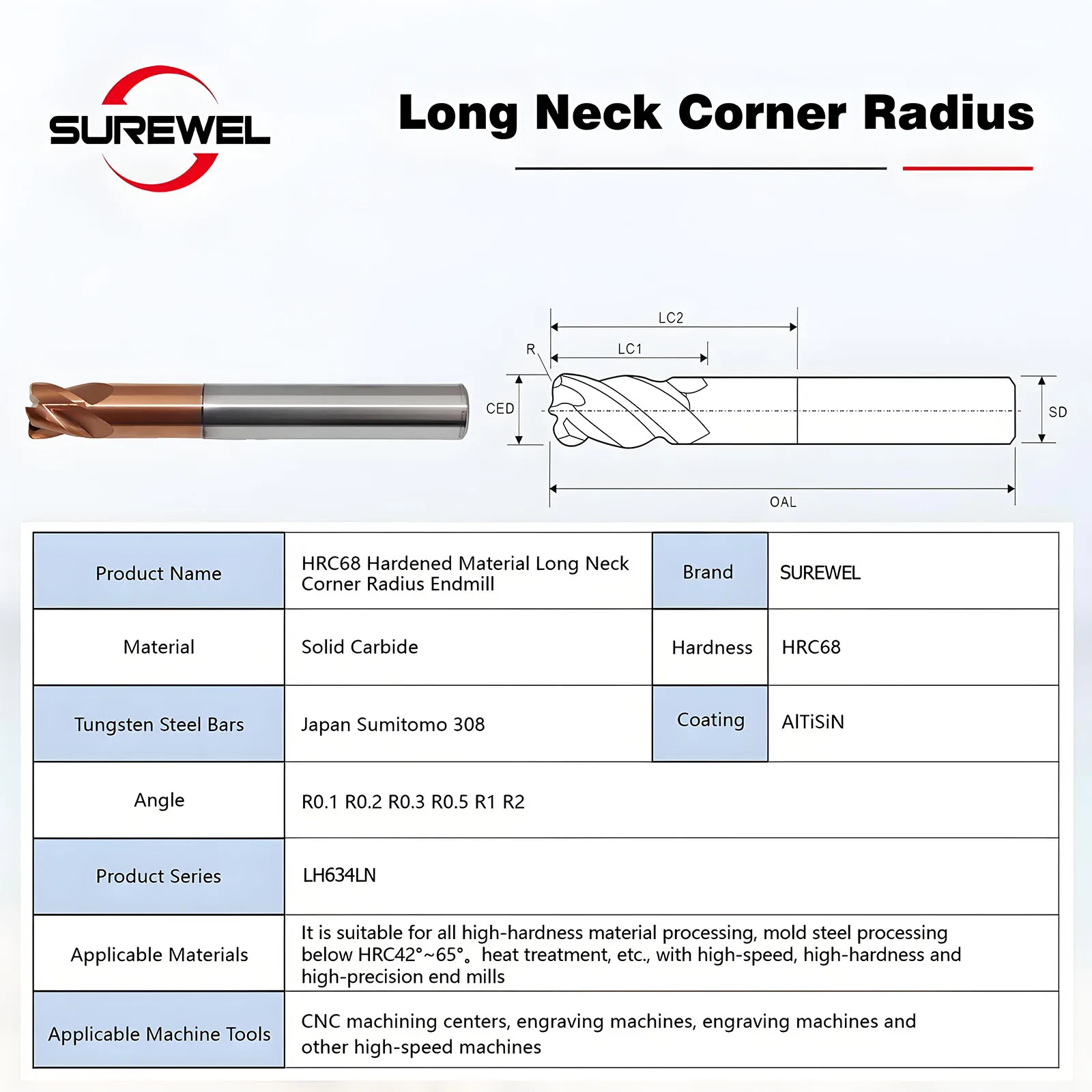 SUREWEL bull nose end mill Hi Feed,for roughing and deep slotting HRC68 Solid carbide R0.5 R1 R2 4 flute radius Milling Cutter