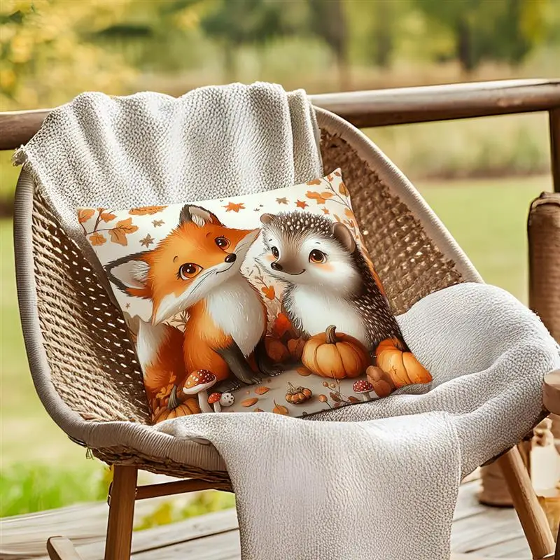 1pcs Autumn Hedgehog, Fox, Pumpkin Pillowcase Square Bedroom Cushion Covers Zipper Chair Living Soft Comfortable Decor 45x45cm ﻿