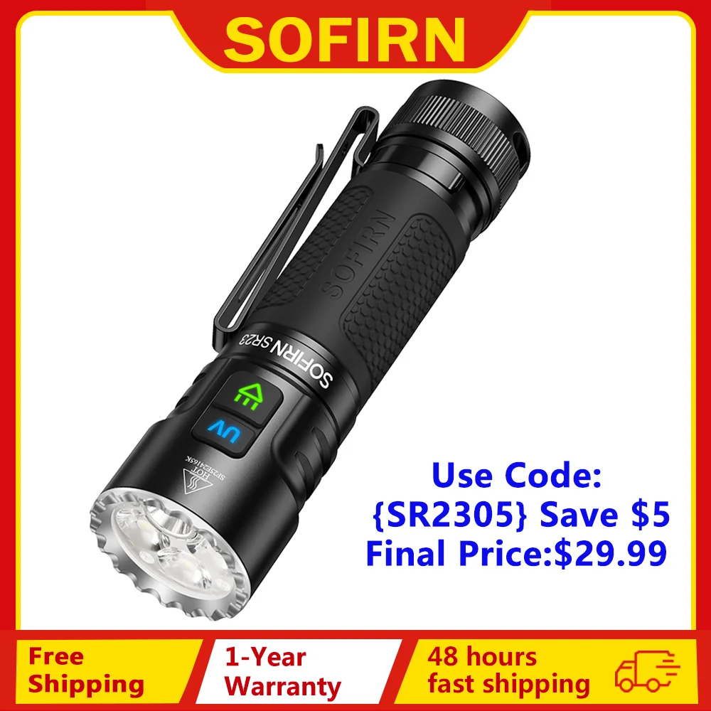 

NEW SOFIRN SR23 3300LM Flashlight 6500K UV 365nm EDC Light 21700 USB C Rechargeable Dual Switch Torch with Magnetic Tailcap