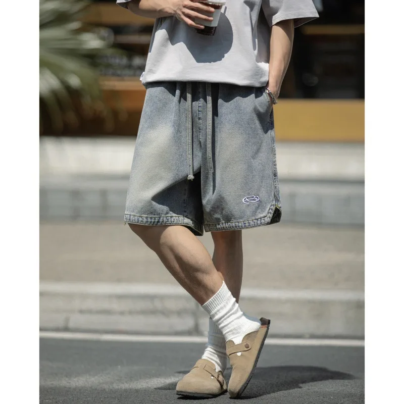 

Texture Washed Vintage Denim Shorts for Men Summer New Trend, Embroidered Hem, Slit, Loose Casual Five Quarter Pants