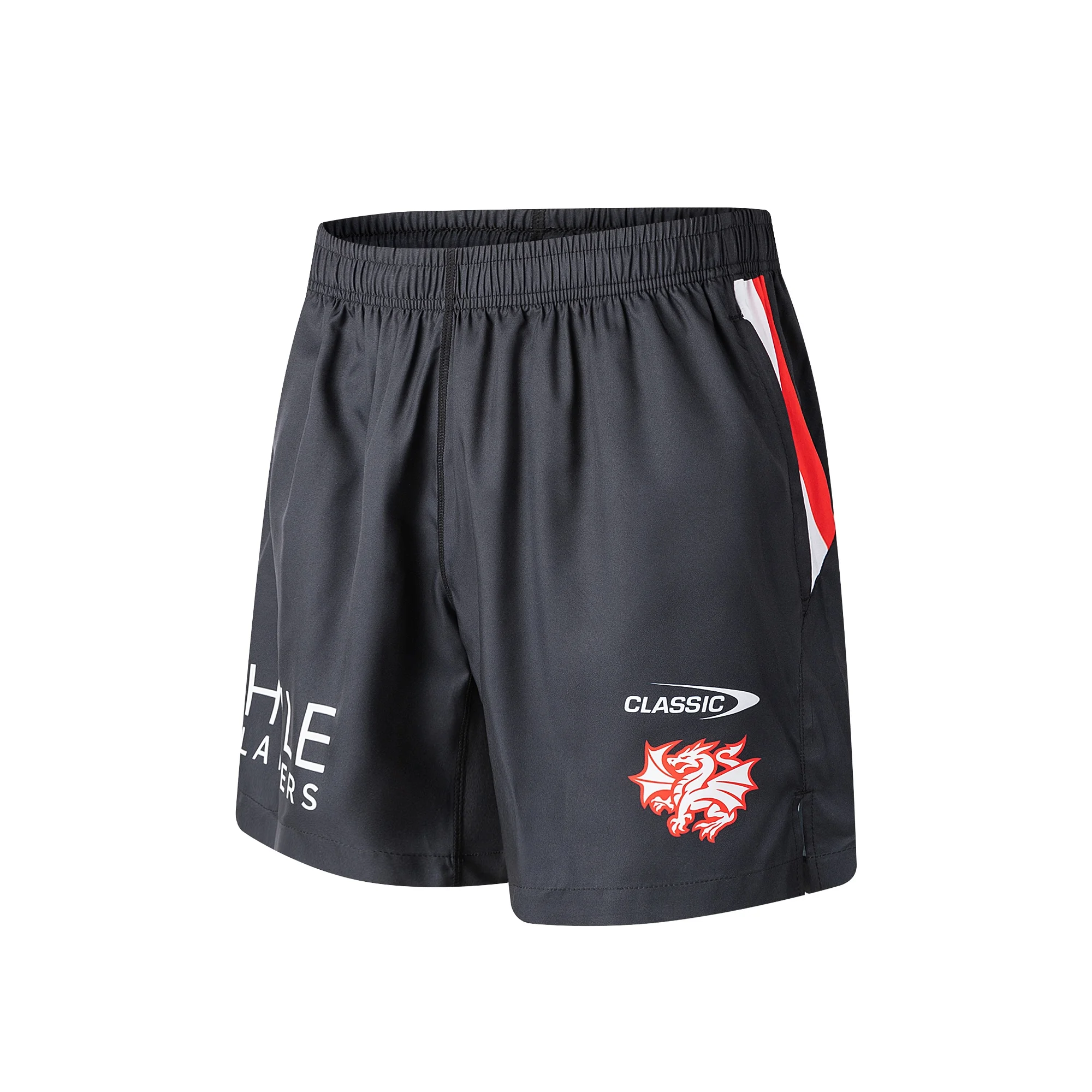 

2026 New Red Dragon Logo Side Stripe Print Mens Elastic Waist Rugby Shorts Quick Dry Sports Training Male Casual Shorts