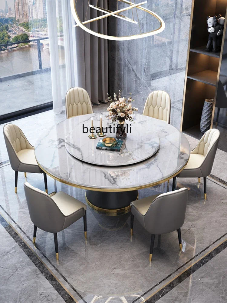 Light luxury marble dining table and chair combination rock slab round Italian turntable dining table household C56