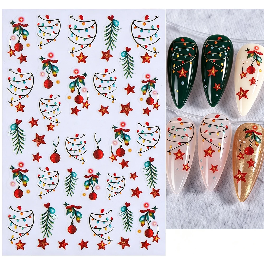 1PC 3D Luminous Colorful Light Christmas Nail Stickers Green Pine Branch/Red Bauble Star Nail Decals Adhesive Holiday Nail Decor