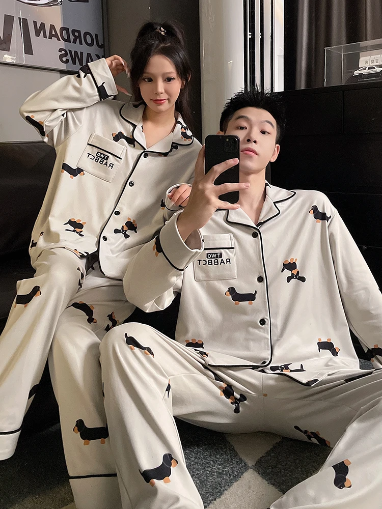 DAIMELU Spring and Autumn Couple Pajamas Women's Cartoon Long Sleeve Large Size Winter sleepwear set Men's Thickened nightwear