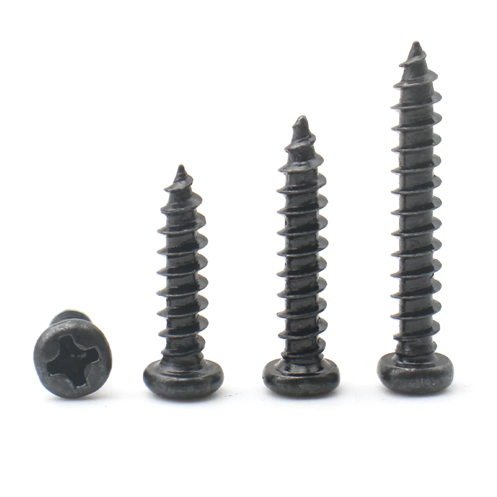 10-50pcs M1.7~M6 Mini Black Zinc Plated 304 Stainless Steel Cross Phillips Pan Head Self-tapping Screw