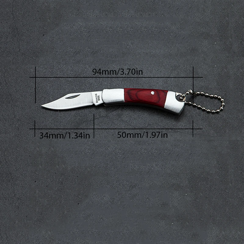 Foldable Knife Keychains Outdoor Barbecue Wooden Handle Fruit Knife Keyring Pocket Knife Key Chains Rings Stainless Steel Tools