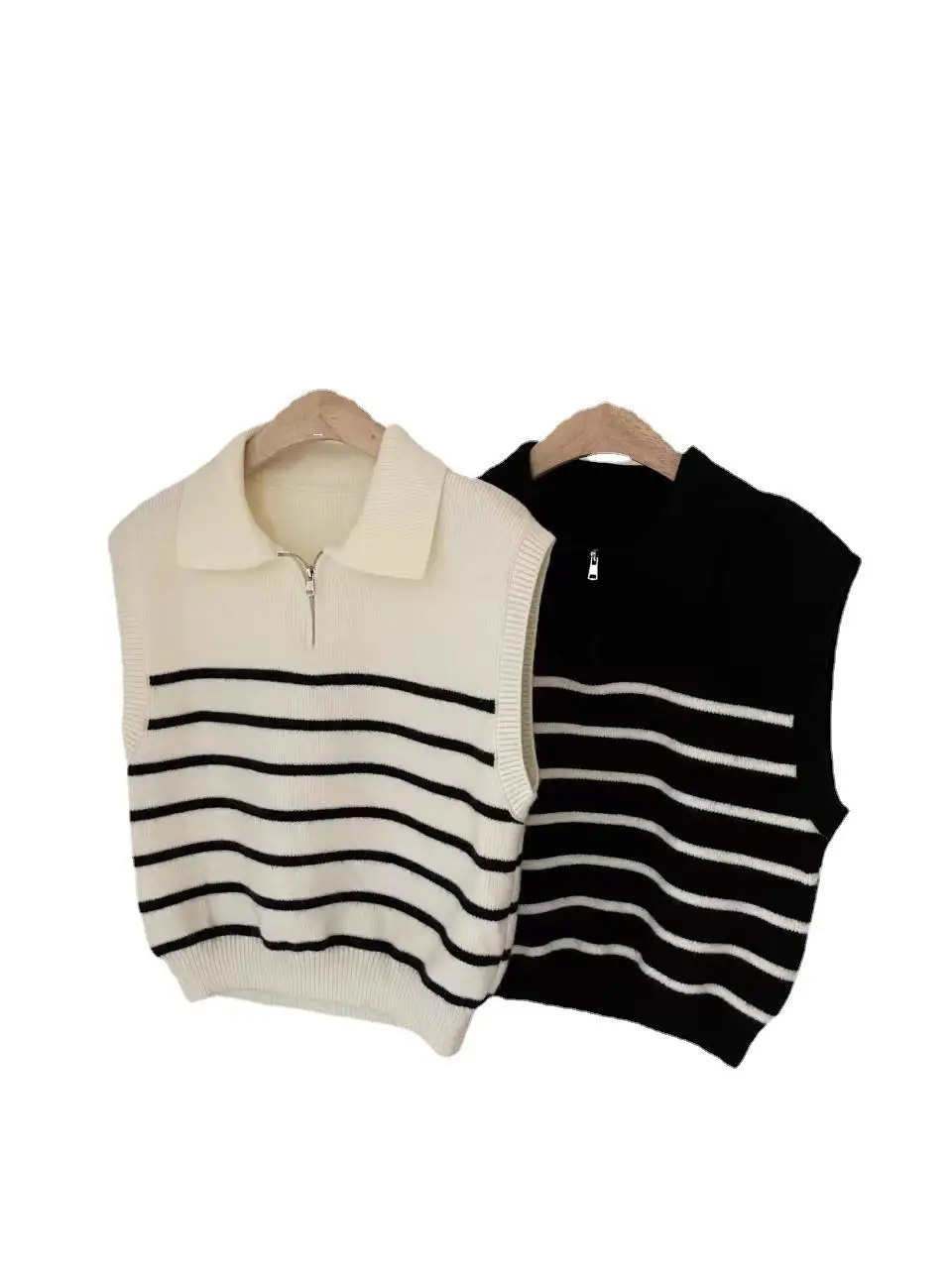 Women\'s Turn-down Collar Stripe Knitted Shirt Vest Spring Autumn New Loose Zippered Horse Clip Sleeveless Sweater Tank Top