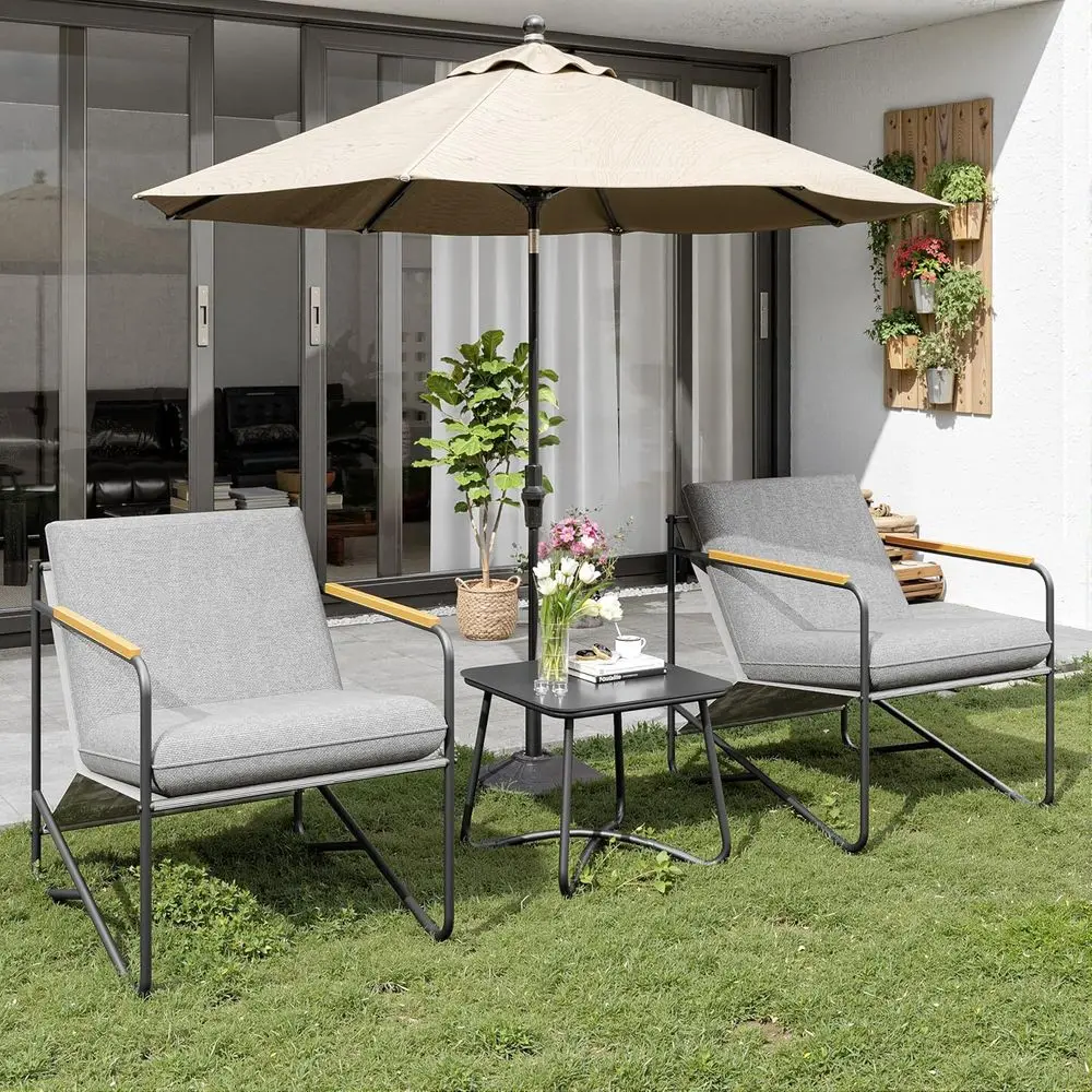 مجموعة أثاث خارجي مكونة من 3 قطع باللون الرمادي: كرسيين وطاولة زجاجية للفراحات الصغيرة والشرفات والفناء الخلفي #2