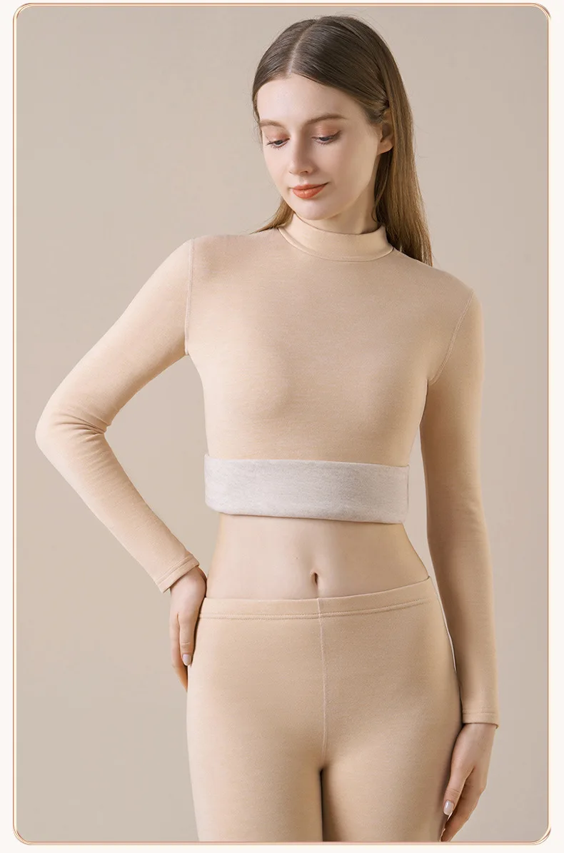 Damen-Thermo-Unterwäsche aus Kaschmirseide, Thermoshirts, warme Hosen, verdickte, einfarbige, halbrollkragenartige Oberteile, langärmlige Winterkleidung. – Detail 14