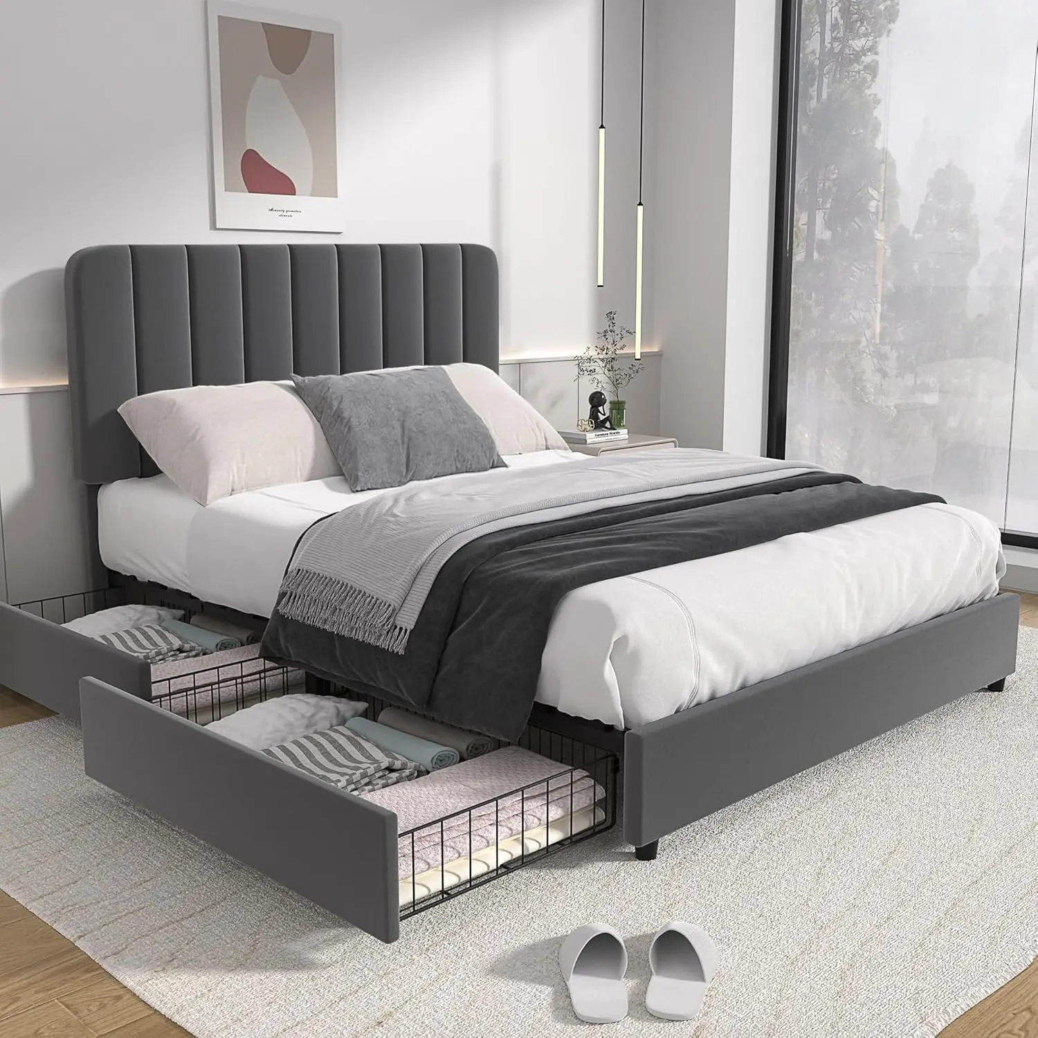 Queen Size Upholstered Bed Frame with 4 Drawers and Adjustable Headboard, Velvet Platform Storage Bedframe Mattress Foundation,