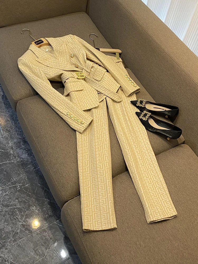 European Style Office Lady High Quality Formal Suit Long Sleeve Notched Blazer With Belt Pencil Pants Women Jacquard 2Pcs