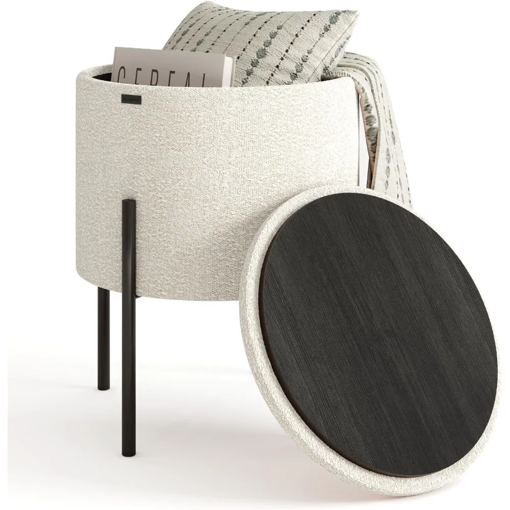 STORAGEBUD Round Ottoman with Storage, Boucle Storage Foot Stool, Makeup Vanity Stool, Small Ottoman Foot Rest, Modern Ottomans