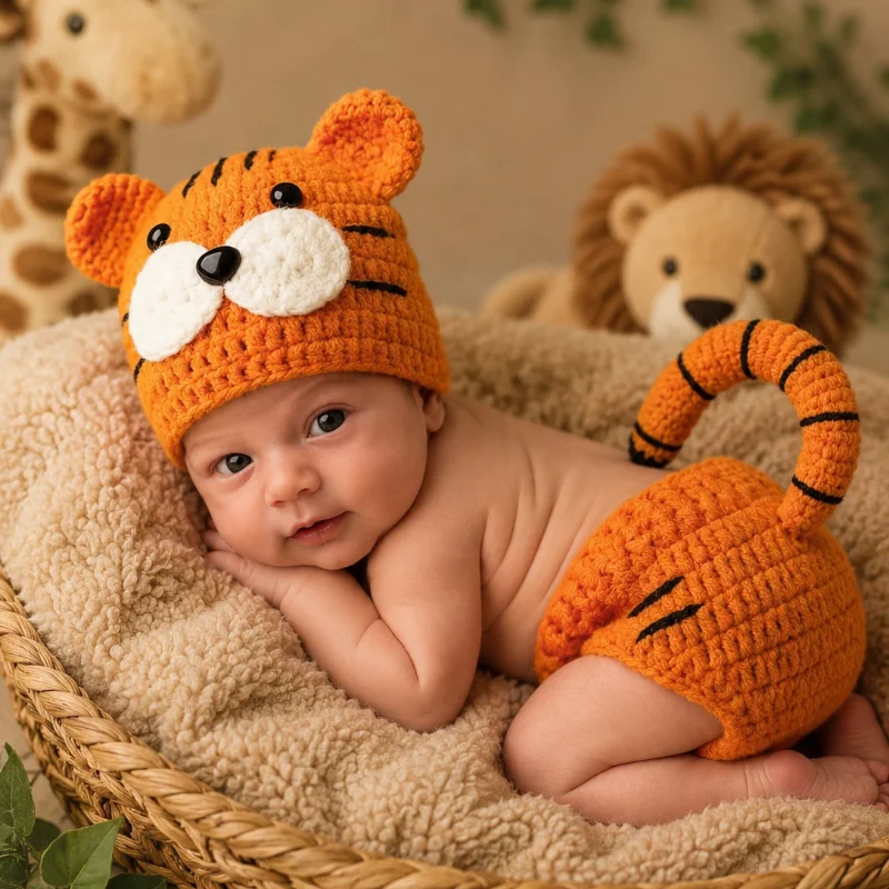 Newborn Photography Props Tiger CostumeKnit BabyPhotoShootOutfitsInfantAnimalClothesBebePhotographAccessories Gender Reveal Gift