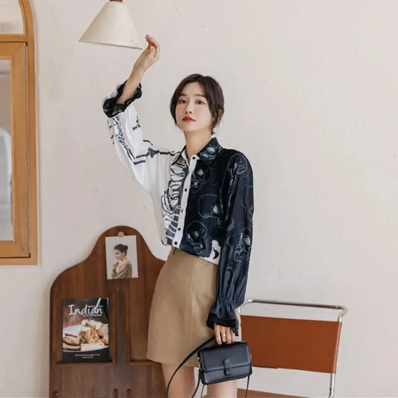 Y2K stylish blouses skull printing shirts lantern Sleeve with lace decor shirts blouses casual loose streetwears Blusas Mujer