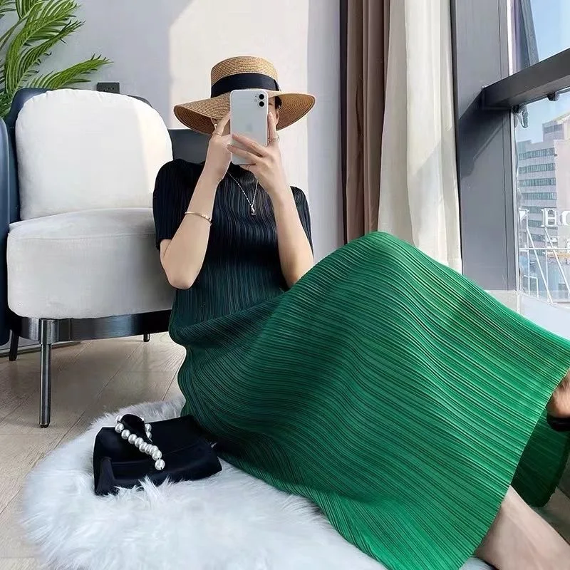 Classic Japanese Pleats Please Pleated Gradient Color Plus Size Issei Long Dress For Women Elegant Top Skirt One Piece Clothes