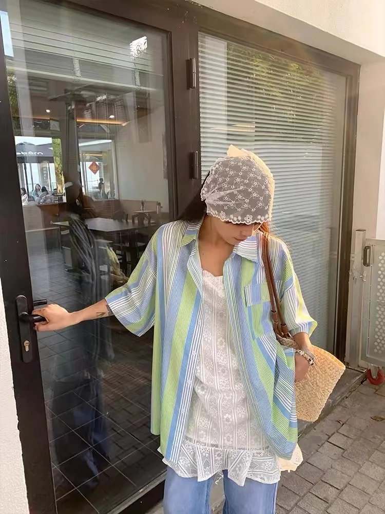 

Loose Striped Color Block Short Sleeve Shirt Korean Style Girls Casual Sun Protection Top Vertical Stripes Summer Fashion