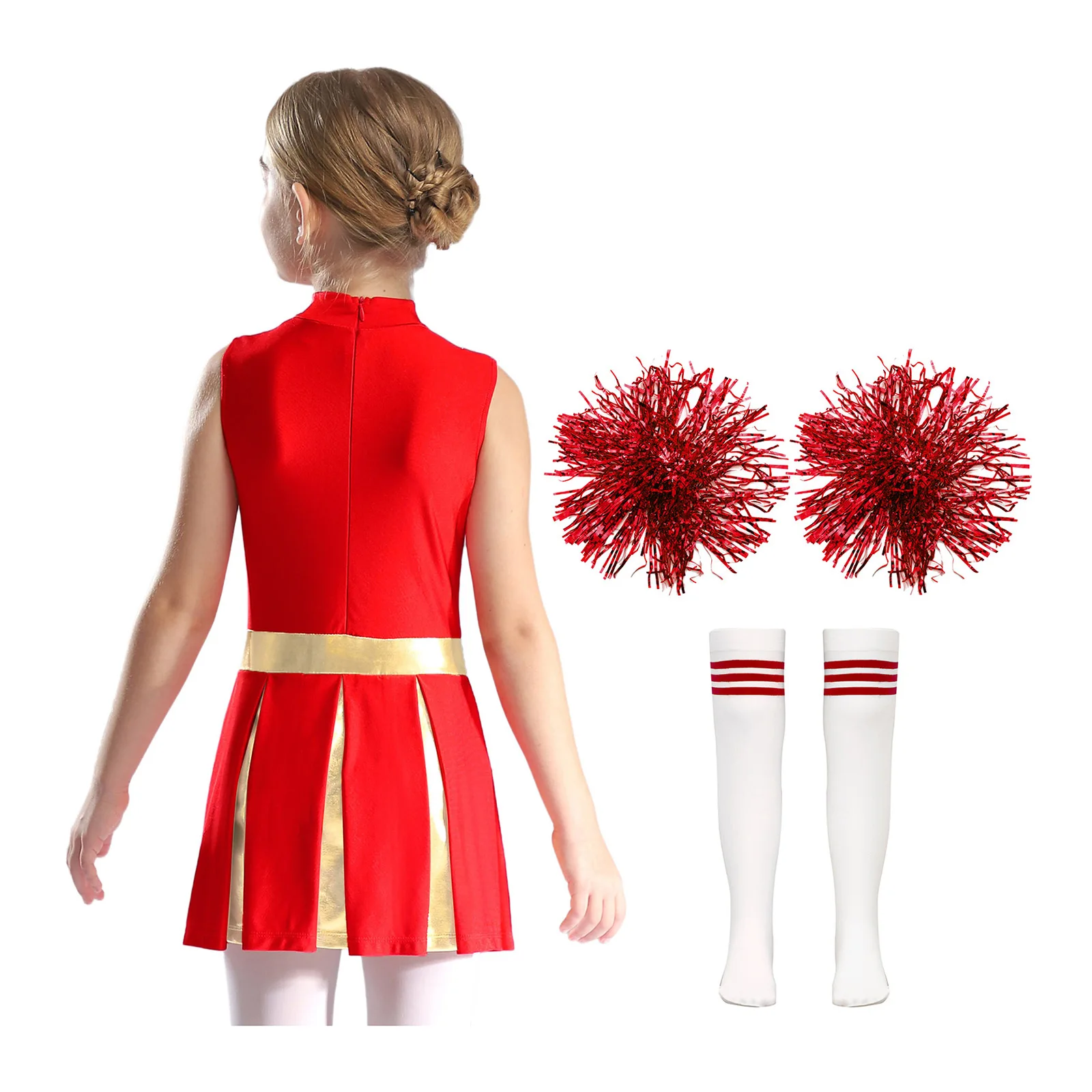 Kids Girls Cheerleader Costume Cheerleading Uniform Letter Print Pleated Cheer Leotard Dress with 2Pcs Flower Balls 1 Pair Socks